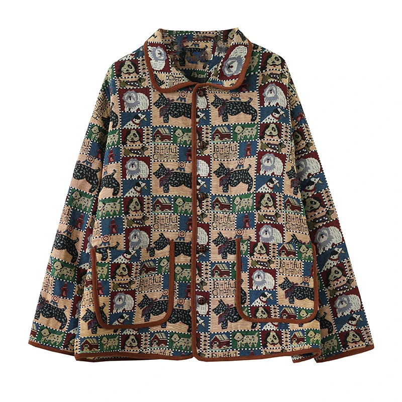 Luźny, retro, swobodny płaszcz z haftem, stójką, odzież wierzchnia damska, modny, wiosenno-jesienny, japoński styl, krótki płaszcz.