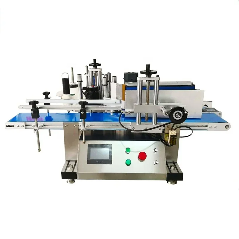 Máquina automática de rotulagem de garrafas redondas, adesivo de frasco pequeno de mesa com transportador, con fechamento maquina etiquetadora de botellas