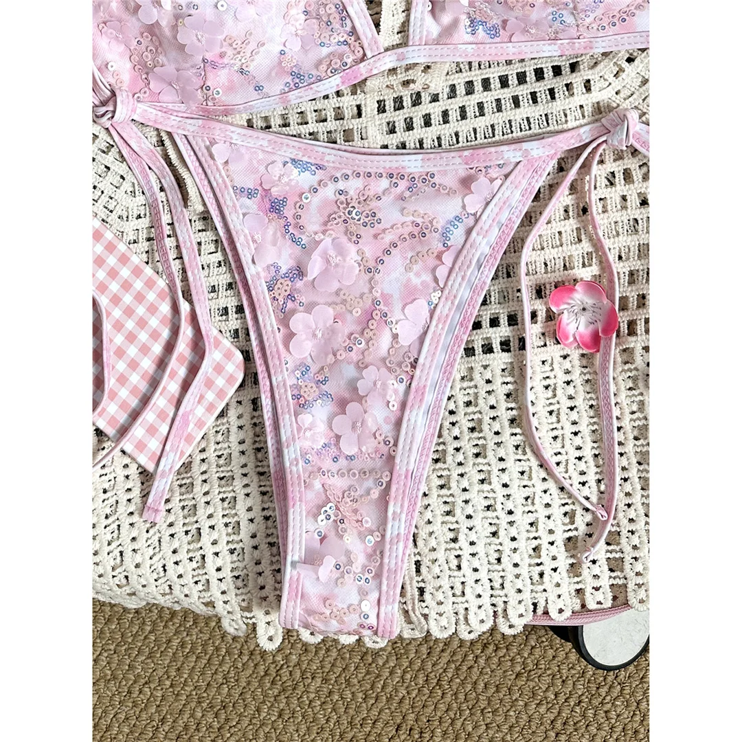 Bedruckter Bikini mit Pailletten, Neckholder-Design, Damen-Badebekleidung, zweiteiliger Bikini, hoher Beinausschnitt, Badeanzug, Badebekleidung, Modell V8237. – Detail 6