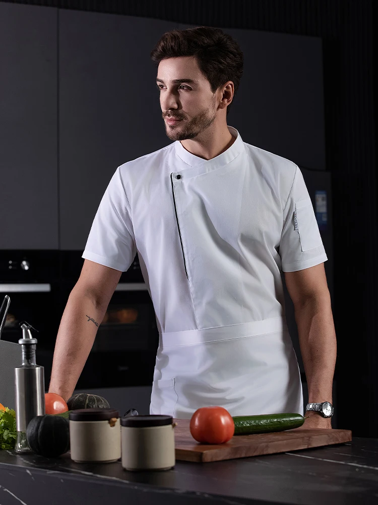 قميص أسود أبيض لطهي الطعام، معطف طاهٍ للمطبخ، زي عمل معجنات الخباز، ملابس الفنادق، سترة كوك قطنية راقية