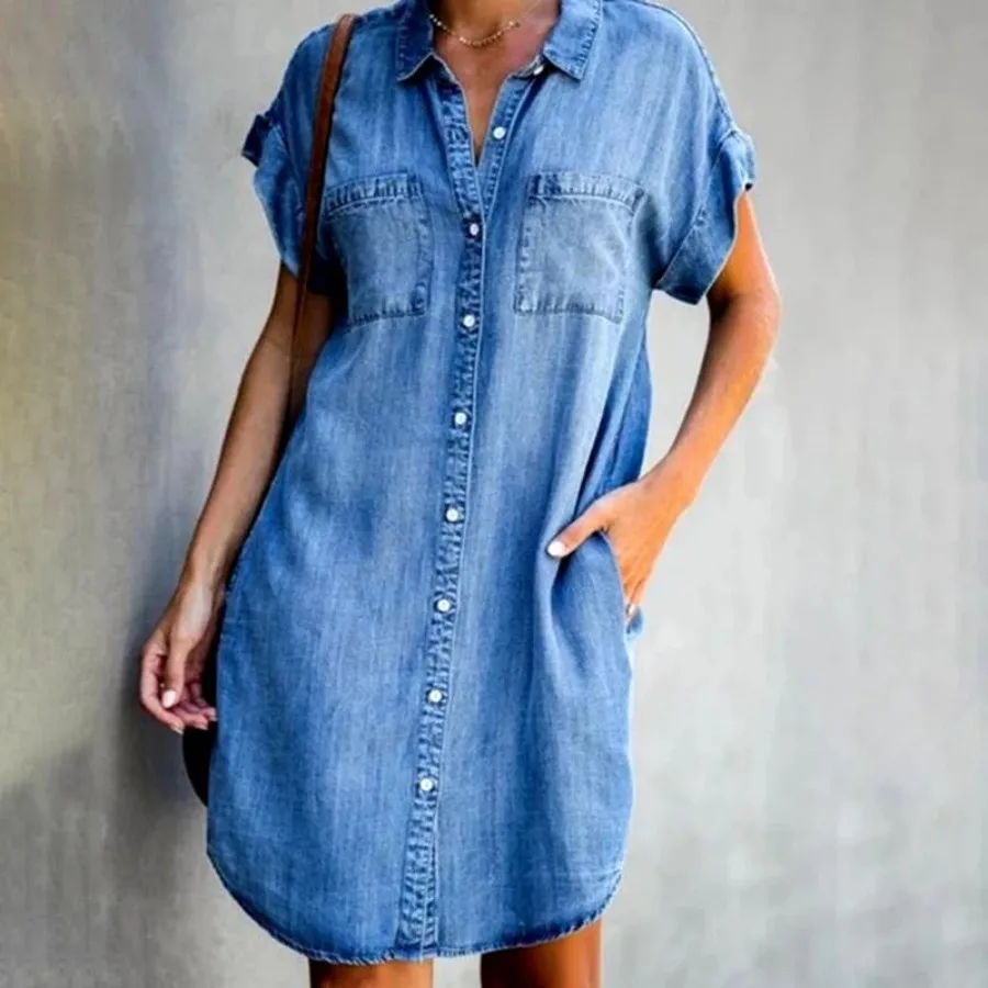 

【New style】- new European and American blue-collar short-sleeve slim dress denim shirt dress