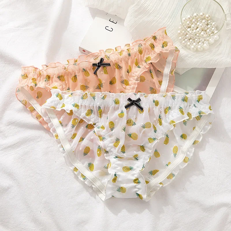 Women's Panties Mesh Chiffon Breathable Cute Girls Ladies Underwear Pineapple Print See Through Briefs Lace Sexy Underpants M L