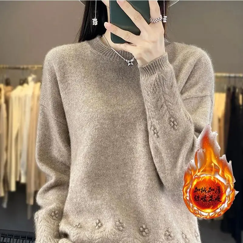 Autumn and Winter Women\'s Solid Color Panel Round Neck Long Sleeve Loose Knitted Sweaters Jumpers Jacquard Fashion Casual Tops