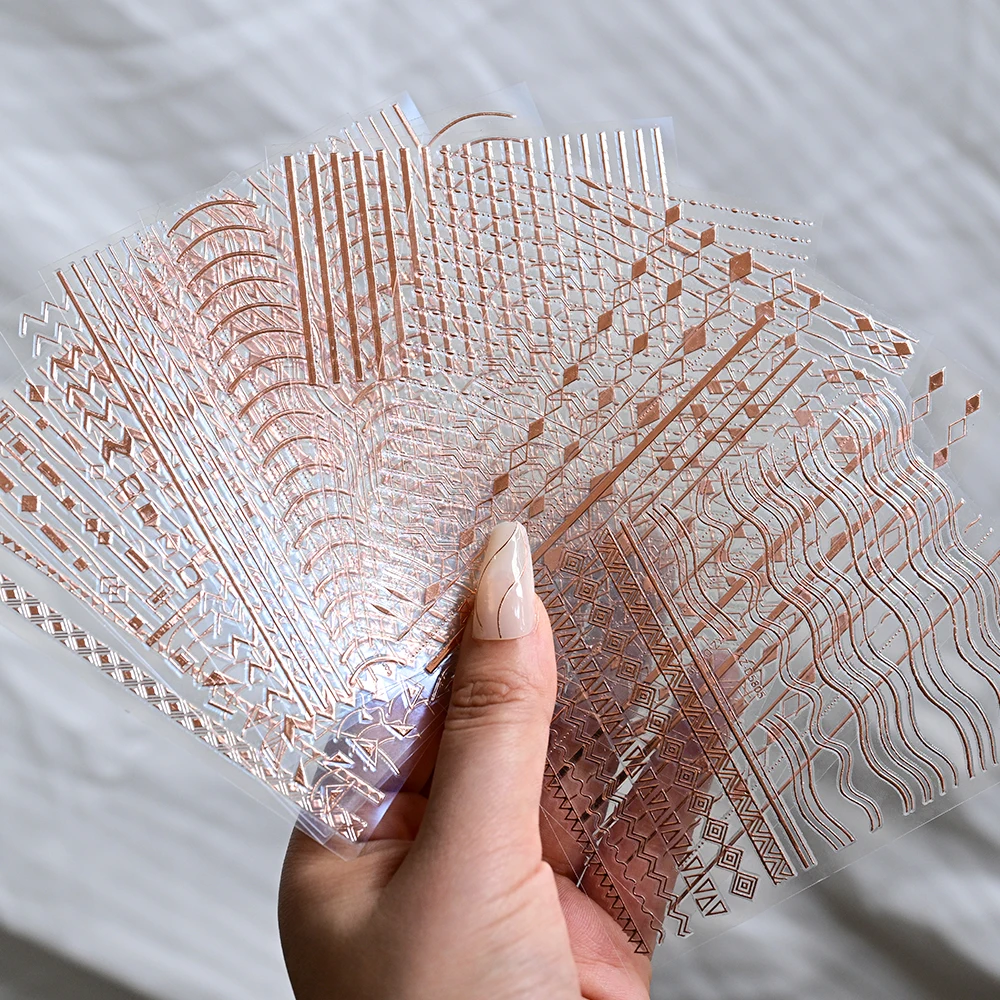 12Pcs 3D Rose Gold French Lines Nail Art Stickers Metal Curve/Stripe/Wave/Geometry Self-Adhesive Decals DIY Manicure Decoration