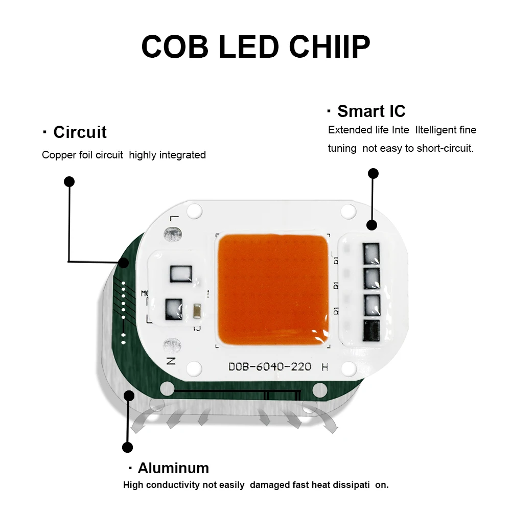 Driverless LED COB Chip AC 220V 20W 30W 50W Lamp Beads Smart IC No Need Driver DIY Led Bulb Full Spectrum Grow Light Floodlight