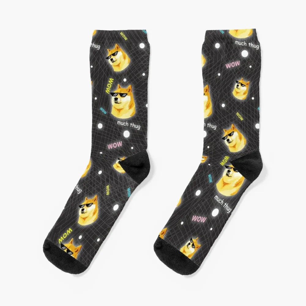 

Doge WOW Such Thug Pattern Shiba Inu Doggo Meme Thug Life with sunglasses on black background HD High Quality Online Store Socks