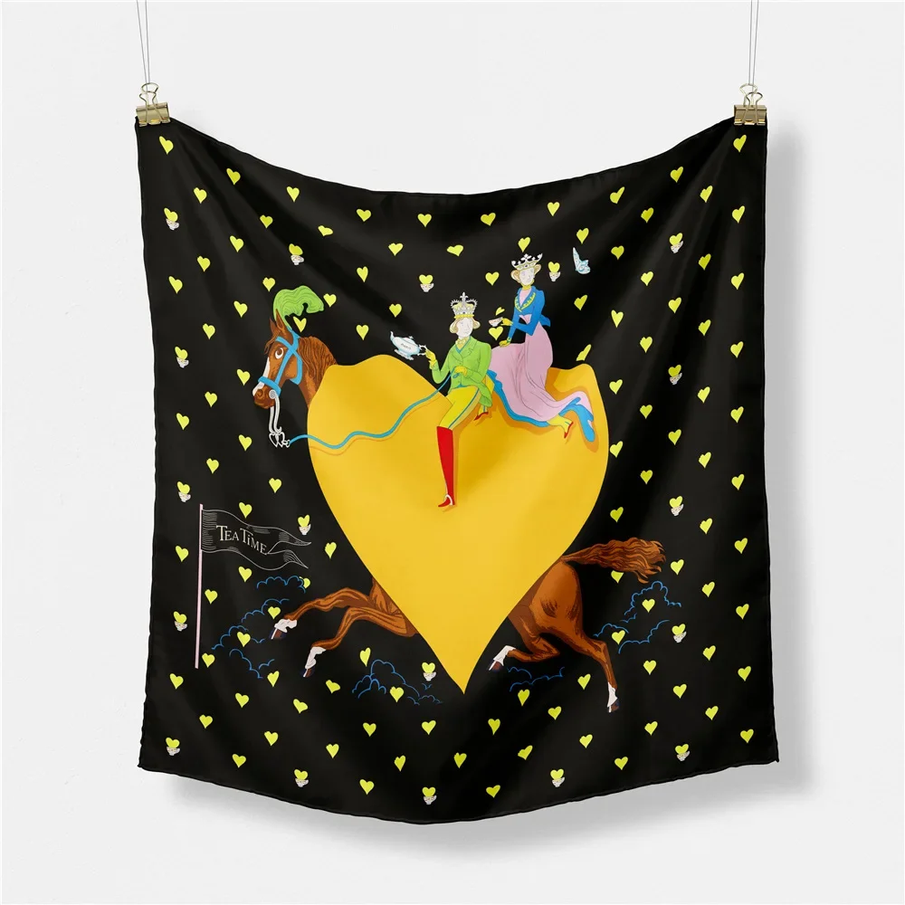 

53 см квадратный шарф с принтом Lover Tea Time, женский дизайн 2025 года, роскошный брендовый шелковый шарф, бандана, повязка на голову, модный шейный платок-хиджаб