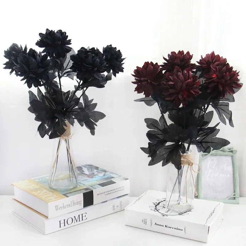 Burgundry Dahlia Black Artificial Flower Branch Wedding Flower Wall Arrangement Materials Halloween Fake Flower Table Home Decor