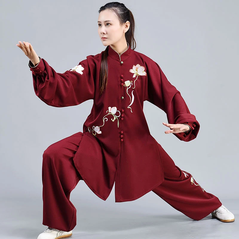 Custom Made Burgundy Mid-Length Tai Chi Suit, Flowy Tencel Linen Autumn/Winter Practice Wear for Women