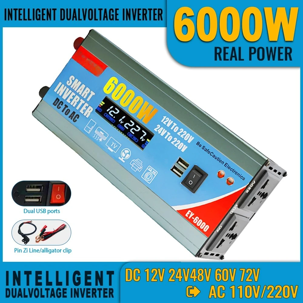 High-Efficiency 6000W Dual Voltage Power Inverter with Multi-Protection & Dual USB Ports， LCD Display