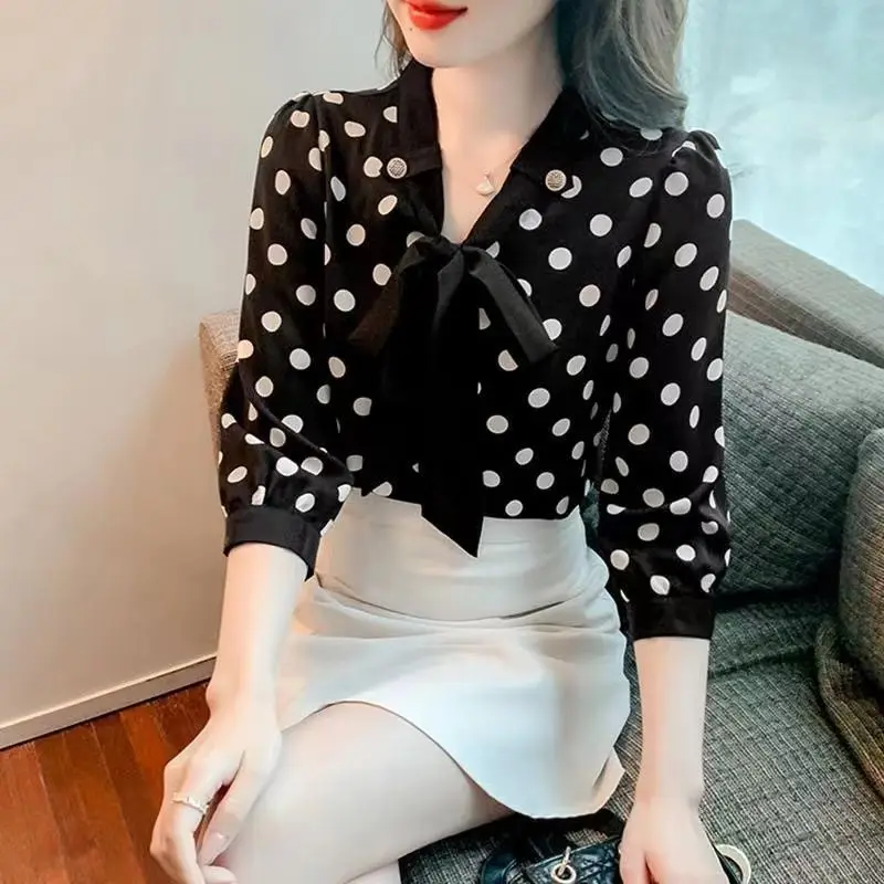 Polka Dot Chiffon Shirt Women\'s Clothing 2023 Spring Summer Bow Lacing Loose-fitting Three Quarter Sleeve Color Block Blouses