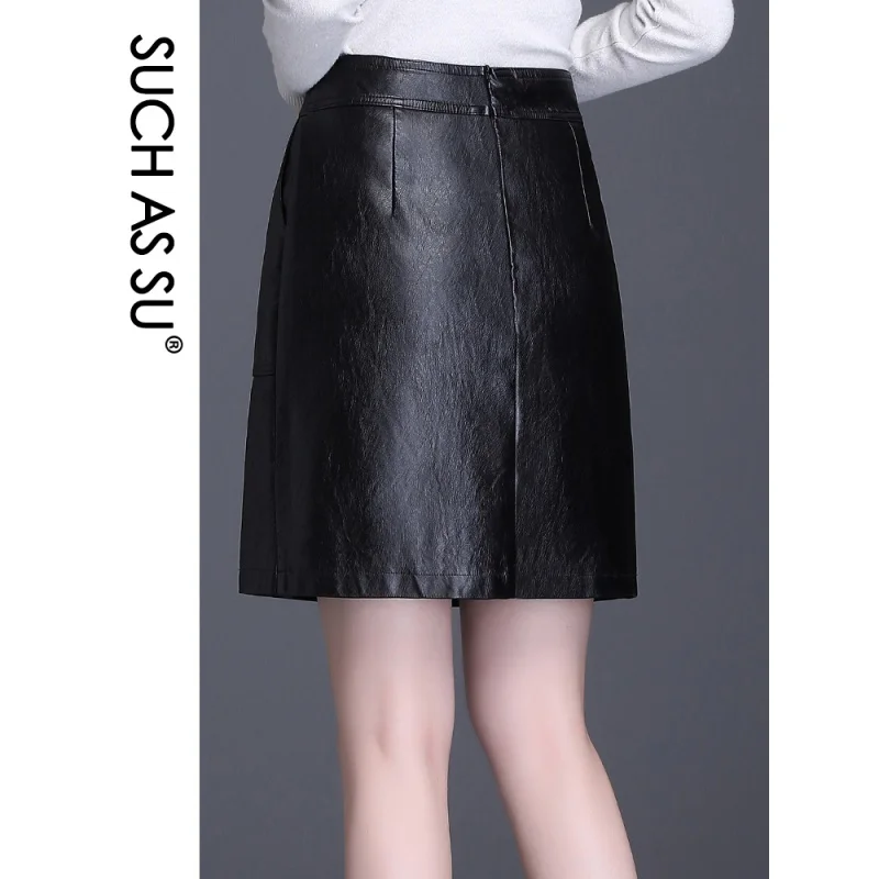 Fall Winter Leather Skirt 2023 New Fashion Black High Waist Button PU Pockets A Line Skirts M-4XL Size Mini Skirt Female