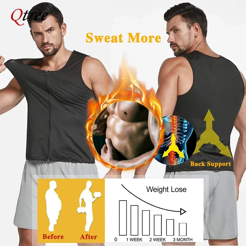 Qtree-Sauna Sweat Body Shaper para Homens, Cintura Trainer Vest, Polymer Heat Trapping, Perda De Peso, Zipper, Tops De Emagrecimento Térmico, Colete