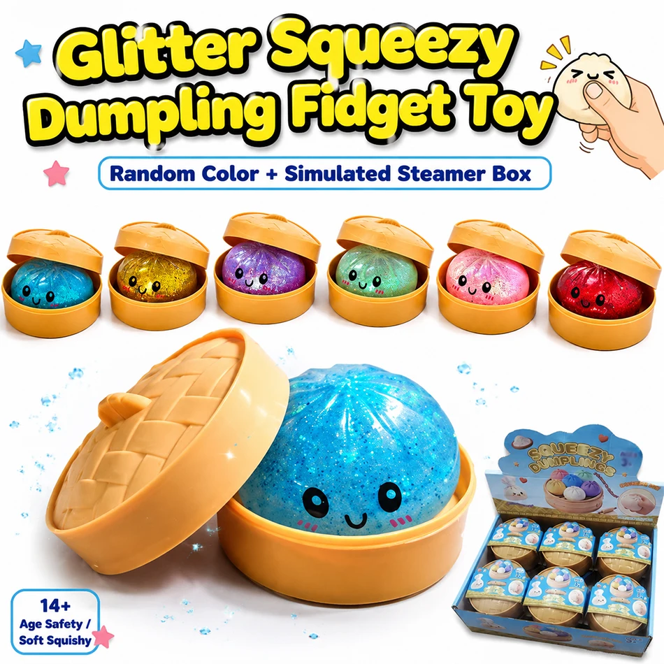 Glitter Dumpling Pinch Toy Soft TPR Steamer Box Stress Relief Sensory Fidget Anti Anxiety Office Desk Decor Goodie Bag Stuffer