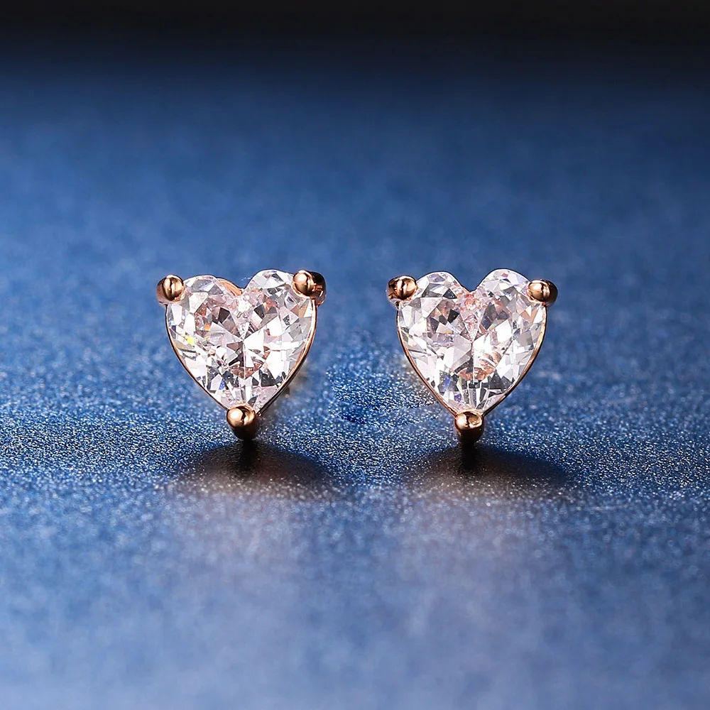 ZHOUYANG Love Heart Stud Earrings For Women Korean Style Zircon Rose Gold Gold Color Stud Ear Ring Accessories Jewelry Gift E342