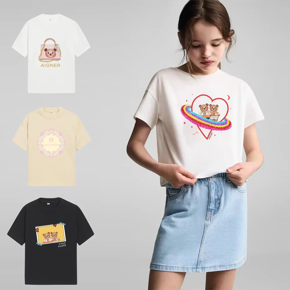 

Fashion girl T-shirt, pure cotton summer short sleeved children's clothing, cartoon letter printed girls' top, sports shirt