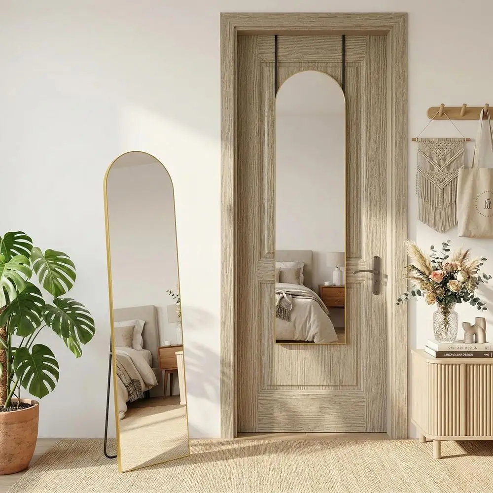Arched Gold Floor Mirror, 56x15, Stand Included, Suitable for Bedroom, Living Room, Cloakroom, Dining Room