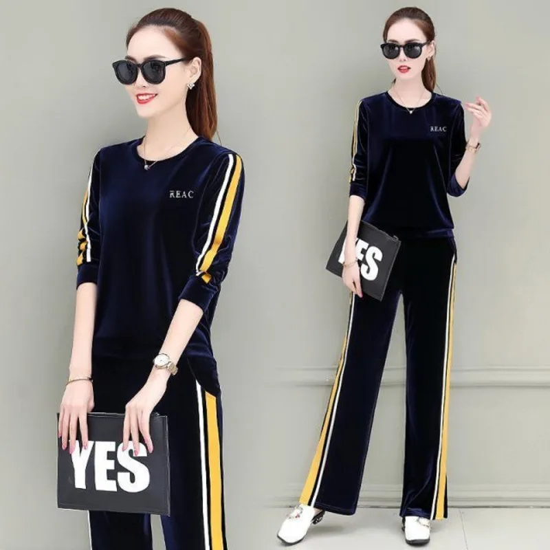 Women\'s Golden Velvet Suit 2023 New Spring And Autumn Fashion Embroidery Long Sleeves Tops Pants 2 Two Piece Set Casual Clothing