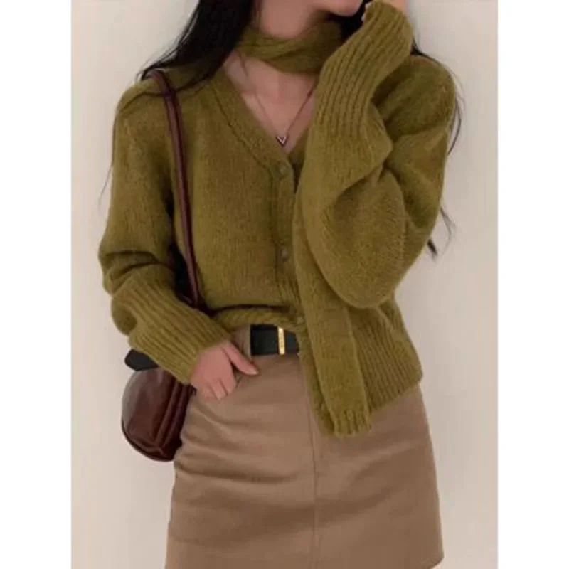 Simple Christmas Sets Knitted Cardigan Women French Chic Solid Scarf Long Sleeve V Neck Female Sweater Coat Autumn Knitwear Tops