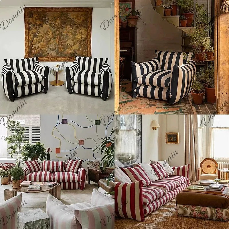 American blue and white striped single sofa red small apartment living room bread zebra pattern puff double sofa