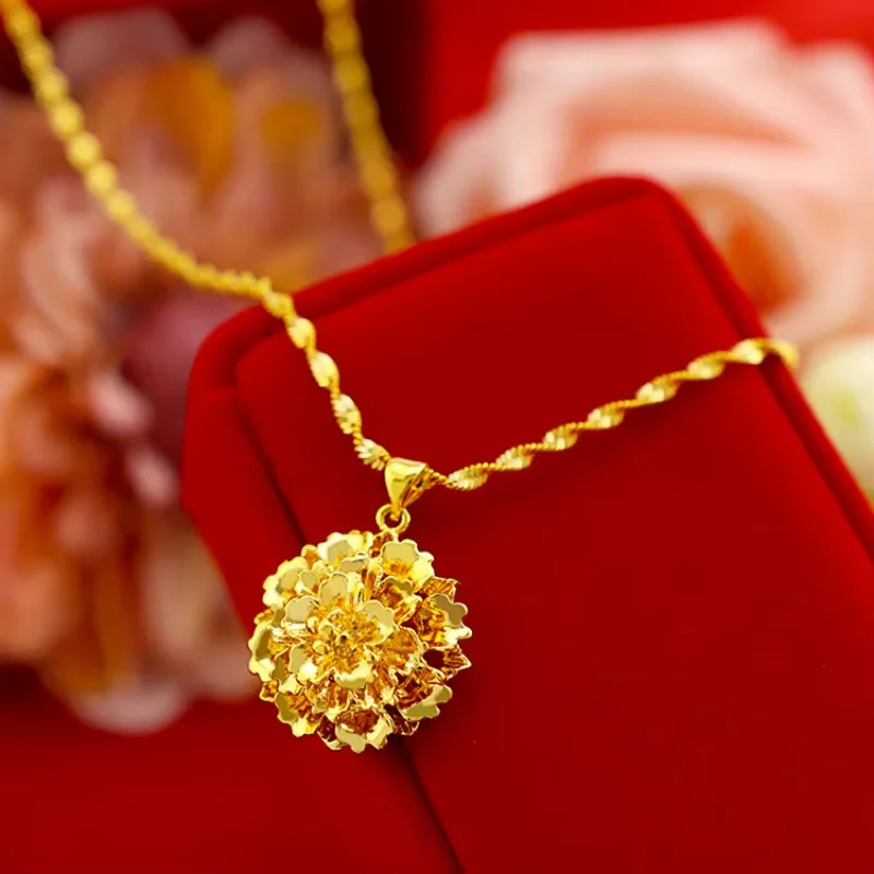 

9999 Real Gold 24K Women's Flower Pendant Fashion Multi-layer Flower Pendant Necklace