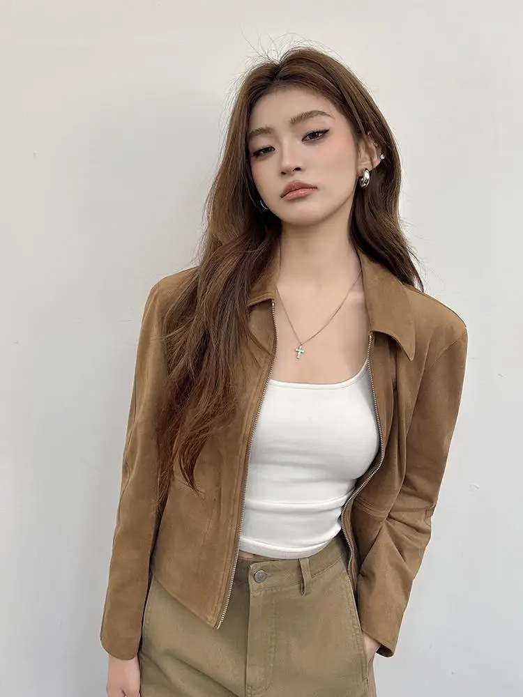 

Vintage Women Brown Long Sleeved Slim Short Jakcet Fashion Elegant Zipper Lapel Coat Autumn Winter Streetwear Ladies Tops Trendy