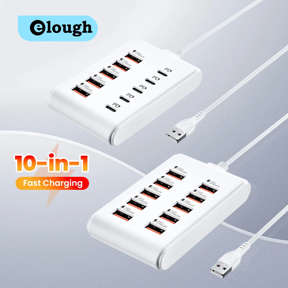 10-Port USB Charger Socket 10USB/5USB+5PD Fast Charging Plug in Charger USB2.0 Desktop Charging Station Power Socket