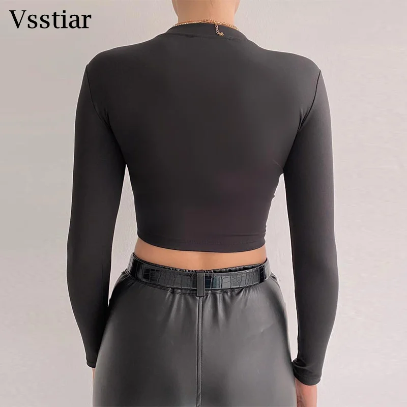 Vsstiar Half Turtleneck Tees Top Elegant Solid Long Sleeve Casual Skinny T-Shirt Green Autumn Basic Sexy Women Cropped Black