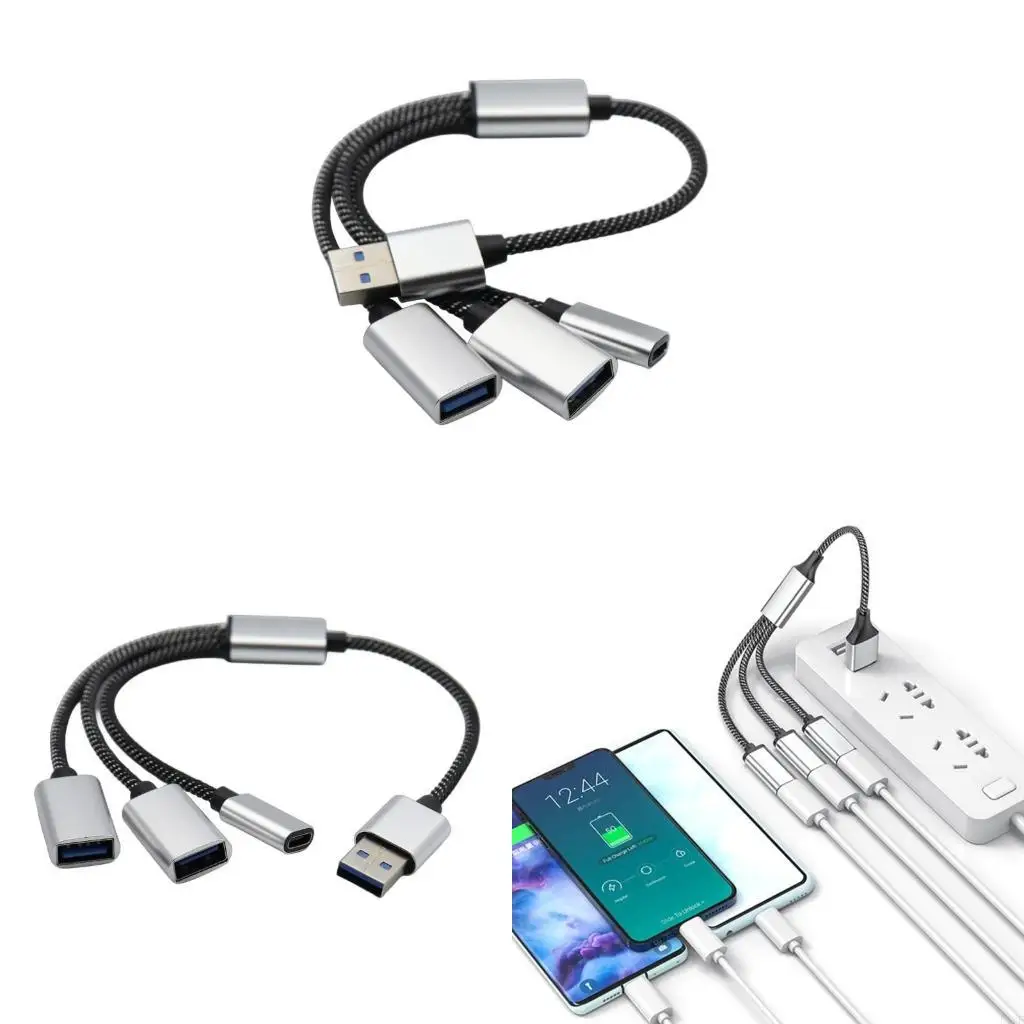 E1PF USB 2.0 Extension Cable, 1 to 3 Multiports Adapter with USB C Port for Data Transfer and Charging Cord Flexible Cable