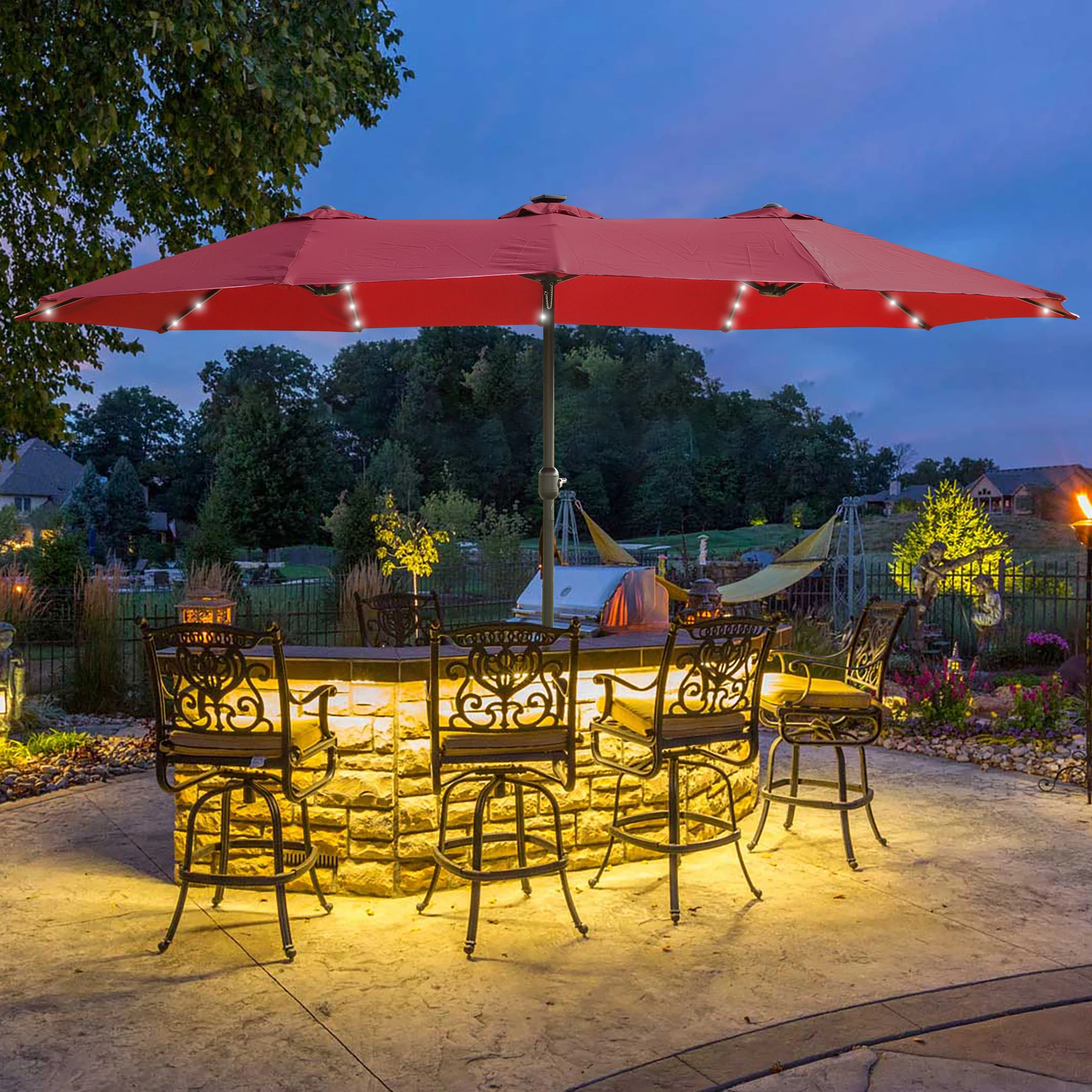 ！@15x9ft Large Double-Sided Rectangular Waterproof Iron Outdoor Patio Garden Beach Umbrella with Light and Steel Base