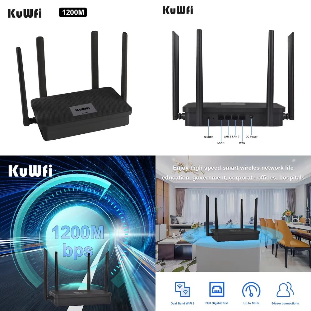 

OEM KuWFi 1200Mbps High Speed Wireless Router for Home Use Gigabit Ethernet Port Dual Band WiFi Router Supports 64 Devices
