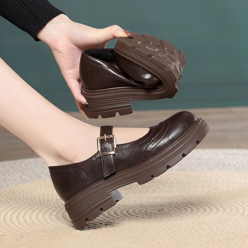 

4.5cm Retro Breathable Brogue Style Soft Leather Mary Janes Spring 2026 Women's Shallow Block Heel Platform Shoes Thick Mom Work