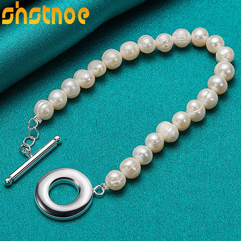 925 Sterling Silver OT Buckle White Artificial Pearls Chain Bracelet Women Party Engagement Wedding Gift Fashion Charm Jewelry