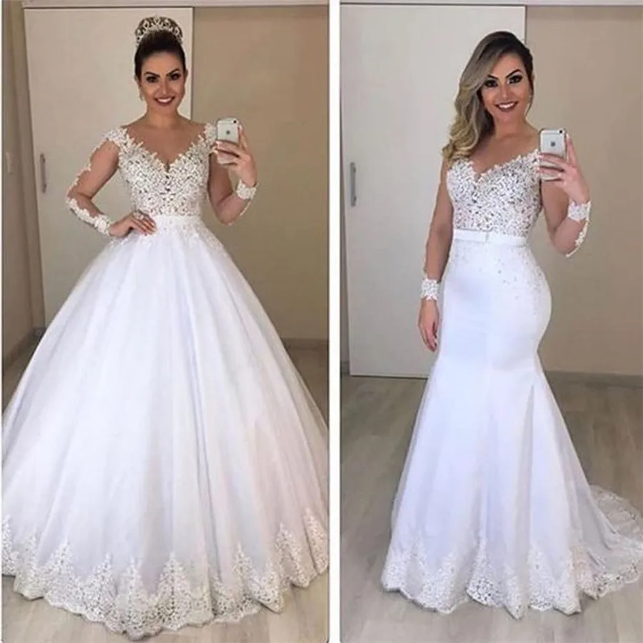 Sheer Lange Mouwen Mermaid Trouwjurken See Through Terug Custom Twee Stukken Bruidsjurken Modest Vestidos De Novia