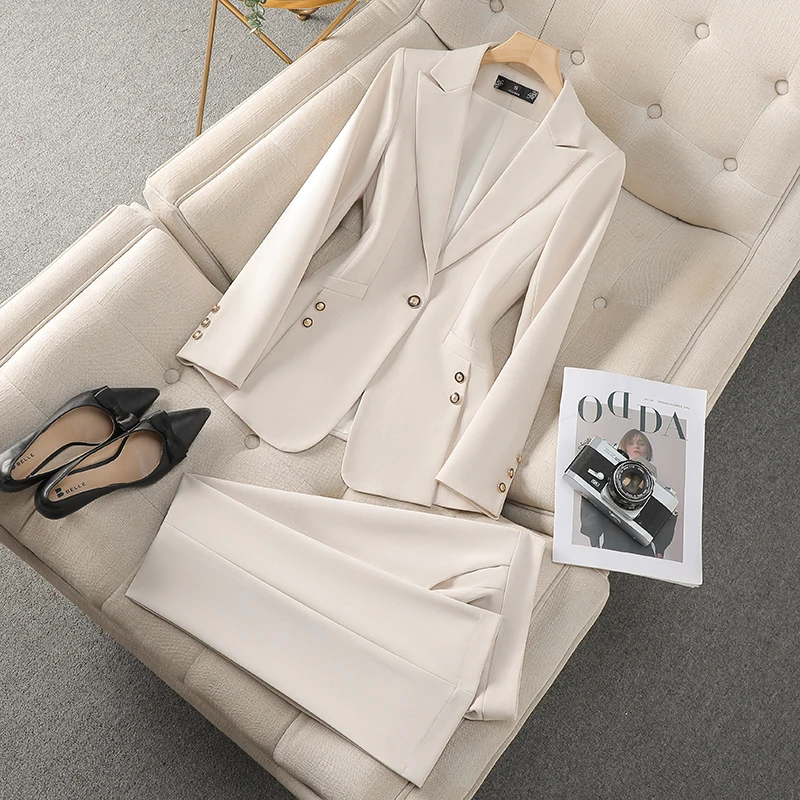 

Fashion Khaki Black Apricot Women Pant Suit 2 Piece Set Office Ladies Female Business Work Wear Formal Blazer Jacket And Trouser