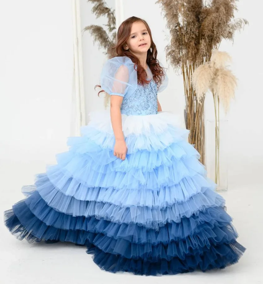 Ball Gown Flower Girl Dresses Ombre Blue Tiered Tulle Appliqued Kids Wedding Bridesmaid Gown Birthday Party Prom Dress