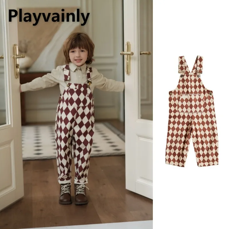

Модные модные детские комбинезоны, новые весенне-осенние клетчатые брюки на бретелях, повседневный универсальный комбинезон, одежда для маленьких мальчиков и девочек W5173