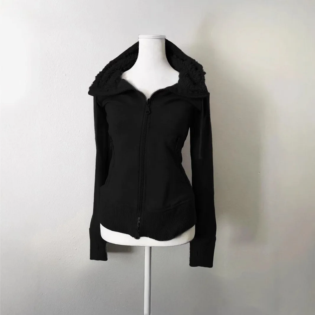 Y2k Retro Wool Double Zip Up Hoodie Sweatshirt Cardigan for Women Spring Autumn Women's Slim Waist Closure Hoodies Jacket Coat