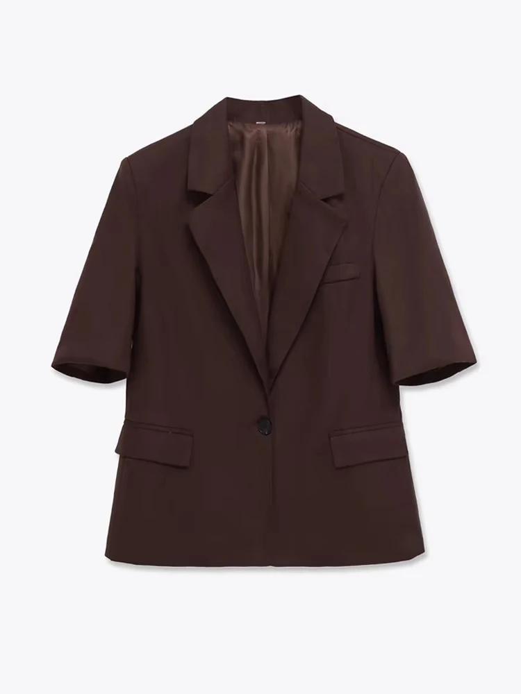 سترة نسائية أنيقة ملابس مكتبية صلبة بزر واحد وياقة على شكل طية صدر السترة وأكمام قصيرة ملابس خارجية نسائية