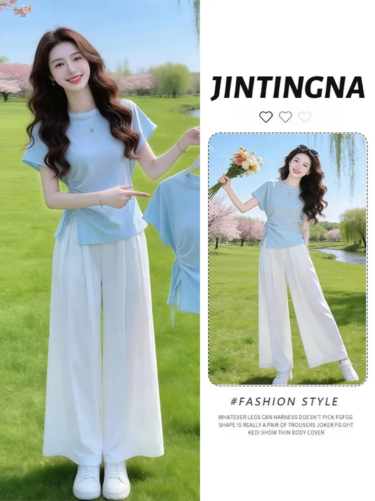 

Fashionable Loose Wide Leg Pants Set Women's Design Sensation Slimming Top Bottoms Breathable Summer Outfit Casual Wear