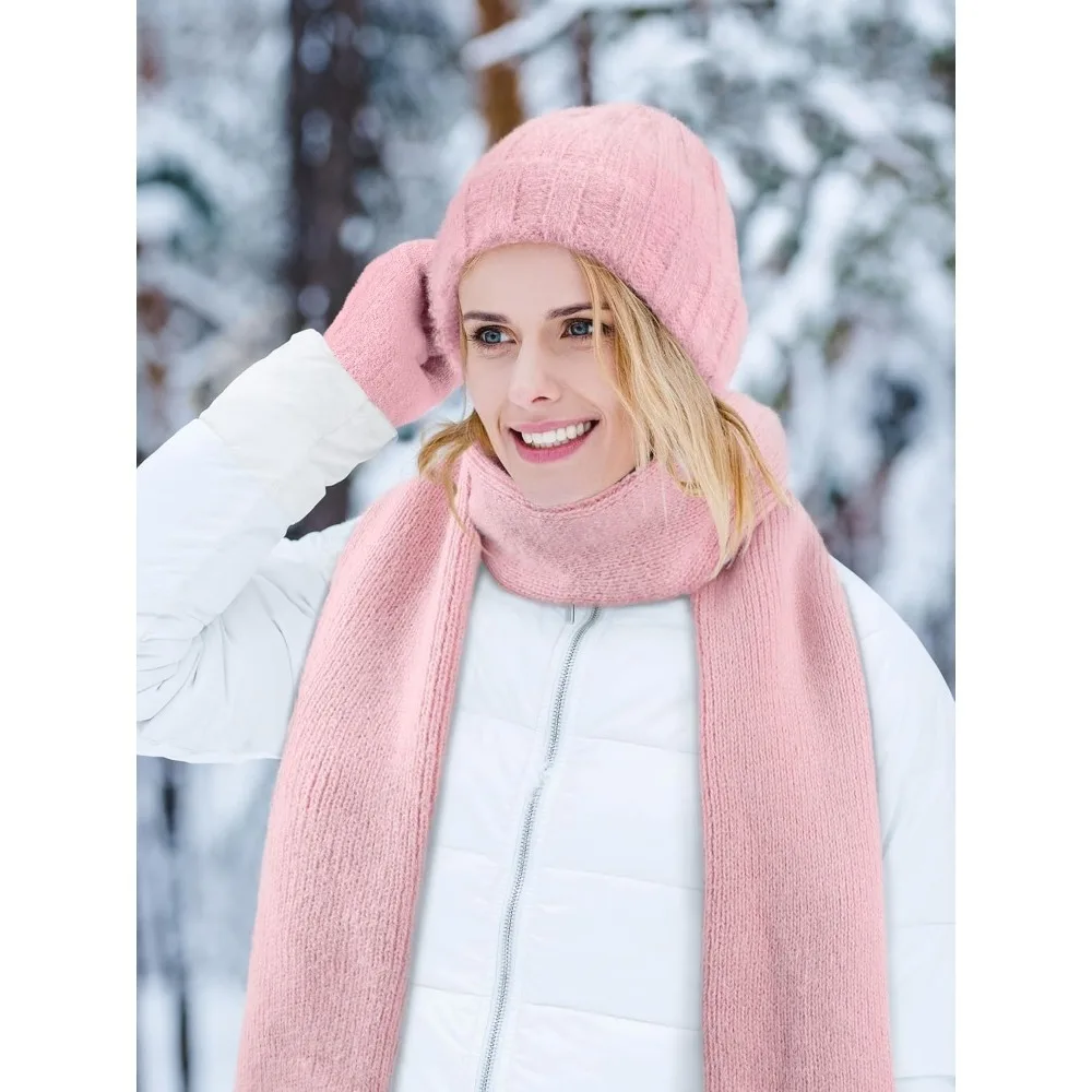 الشتاء قبعة قبعة وشاح قفازات، الدافئة الصوف متماسكة قبعة وشاح طويل الرقبة أدفأ شاشة تعمل باللمس قفازات الشتاء مجموعة هدايا للنساء