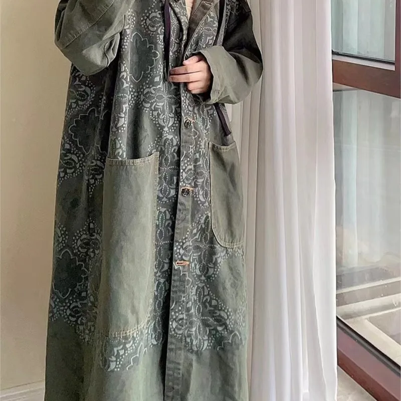 New Retro Artistic Long Trench Coat Loose Hooded plus Size All-Matching Printed Coat for Women