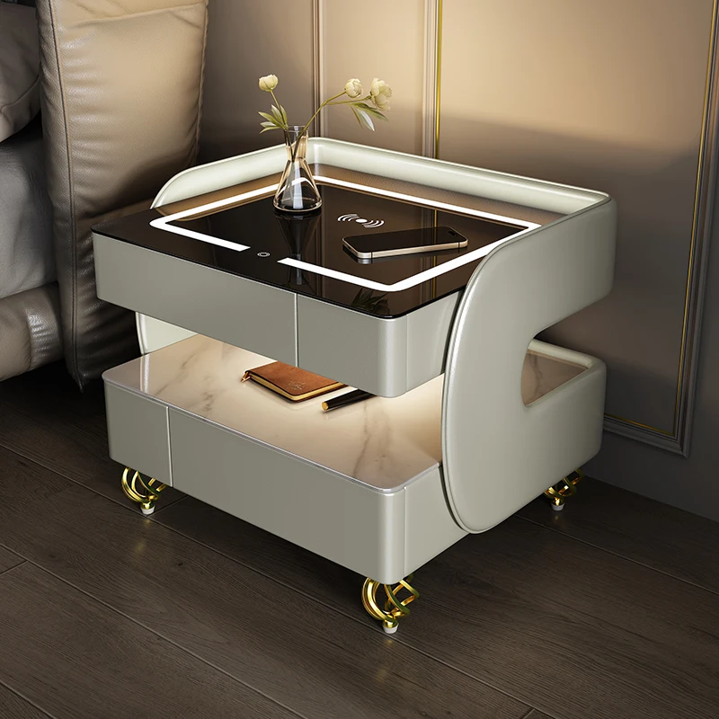 Italian Minimalist Smart Nightstand with Wireless Charging Quartz Top High End Bedside Cabinet Creative Tech Design