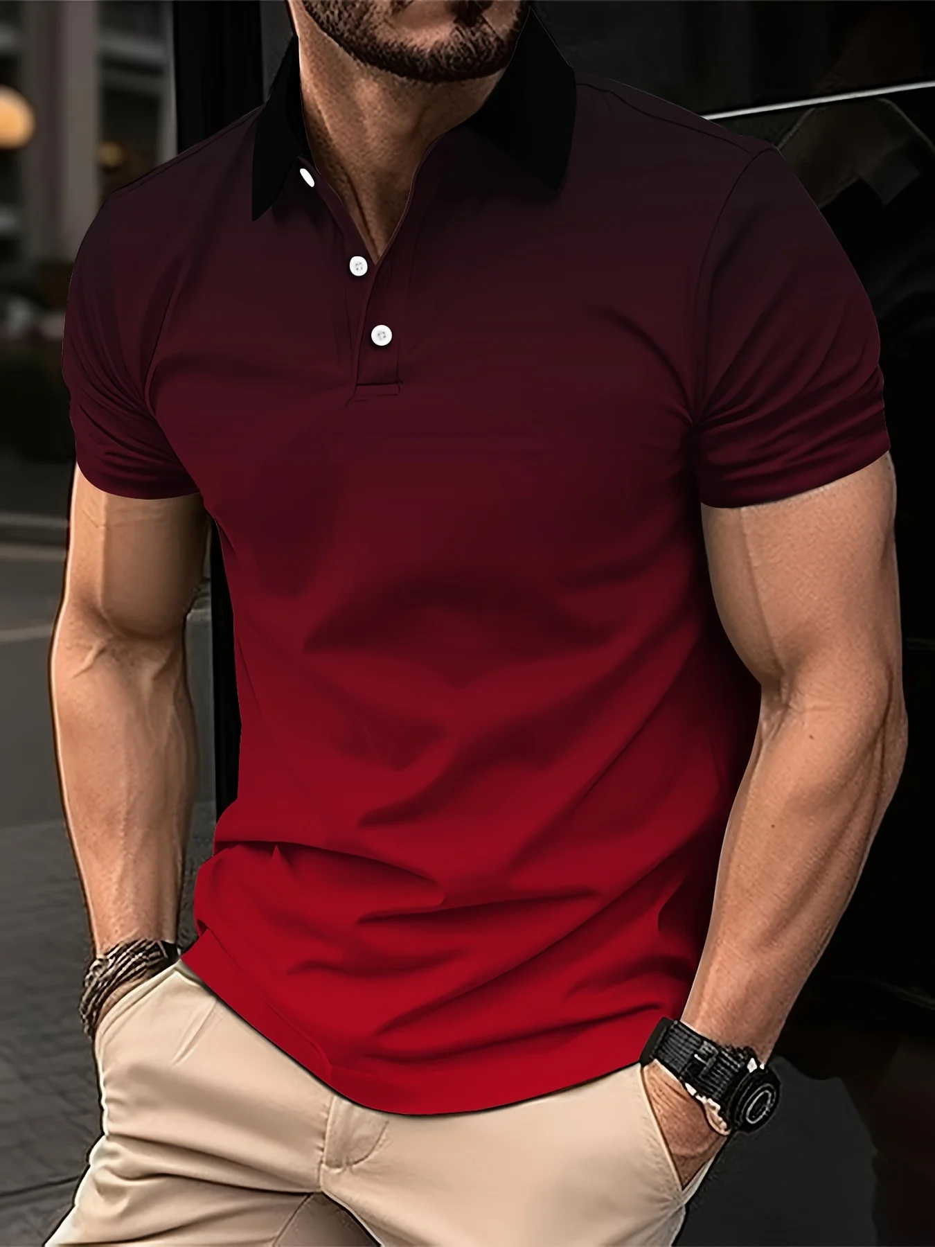 Men\'s Fashion Gradient Color Polo Shirt Lapel Golf Shirt Short Sleeve Printed Button Clothing Fashion Design Casual Breathable