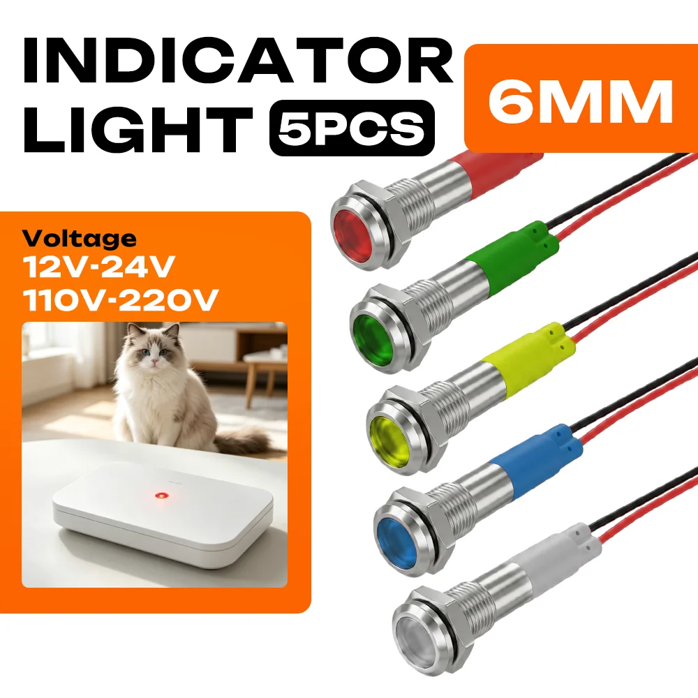 FILN 5PCS 6mm IP67 Waterproof Warning Lamps Metal LED Indicator Lights 12V-24V/110V-220V for Car Marine Device Control Panel