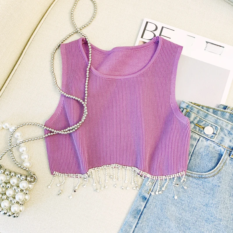 2024 Summer Purple Dopamine Knit Vest Women's Outerwear Summer Design Sense Elastic Solid Small Taseel Sleeveless Cropped Top