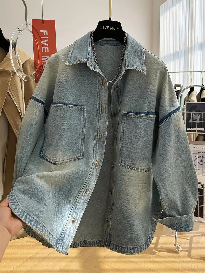 2024 Spring Summer New Women\'s Retro Casual Denim Coat Loose Polo Neck Jacket