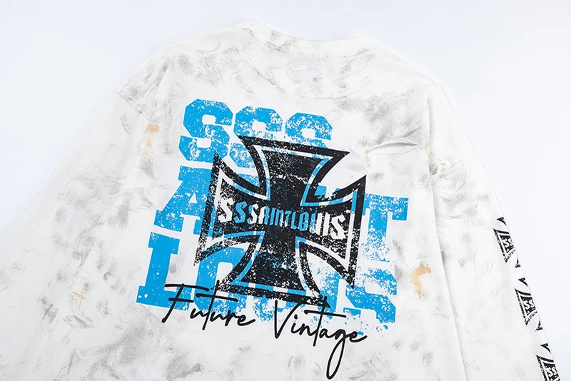 Stain Long Sleeve Sssaint Louis Graffiti Cross Label T Shirt Men Women Black White Washed Loose Hole Damaged T-shirt Tops Tee image 6