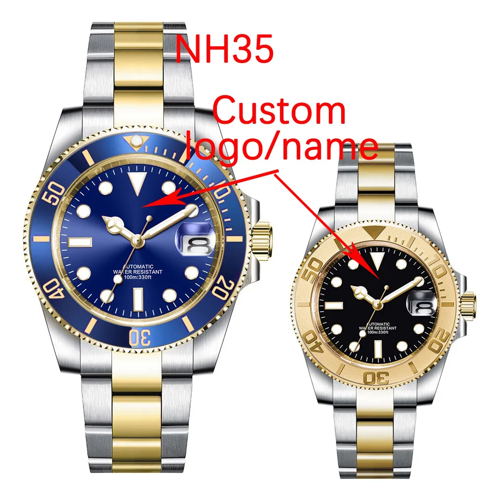 Custom ญี่ปุ่น NH35 MIYOTA 8215 อัตโนมัตินาฬิกาผู้ชาย Two Tone Gold Strap Steile Blue Sunburst Dial Top ยี่ห้อ Sapphire คริสตัล