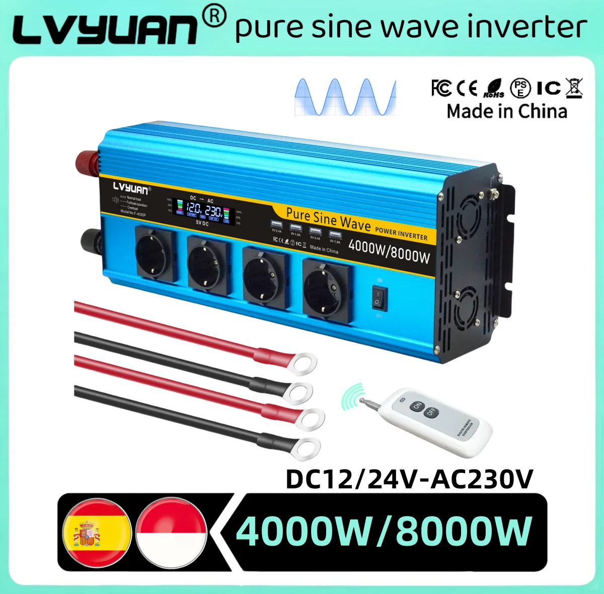 4000/8000W Inverter Pure Sine Wave DC12V/24V to AC220V 50Hz Converter Remote Control Household Camping Power Inverter